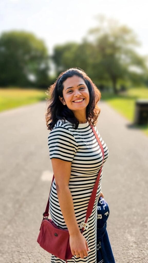 Apurva Somvanshi smiling outdoors on a sunny path