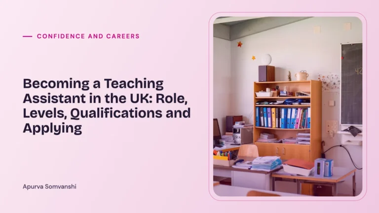 Becoming a Teaching Assistant in the UK: Role, Levels, Qualifications and Applying — A primary classroom with a desk, learning supplies and a chalkboard.