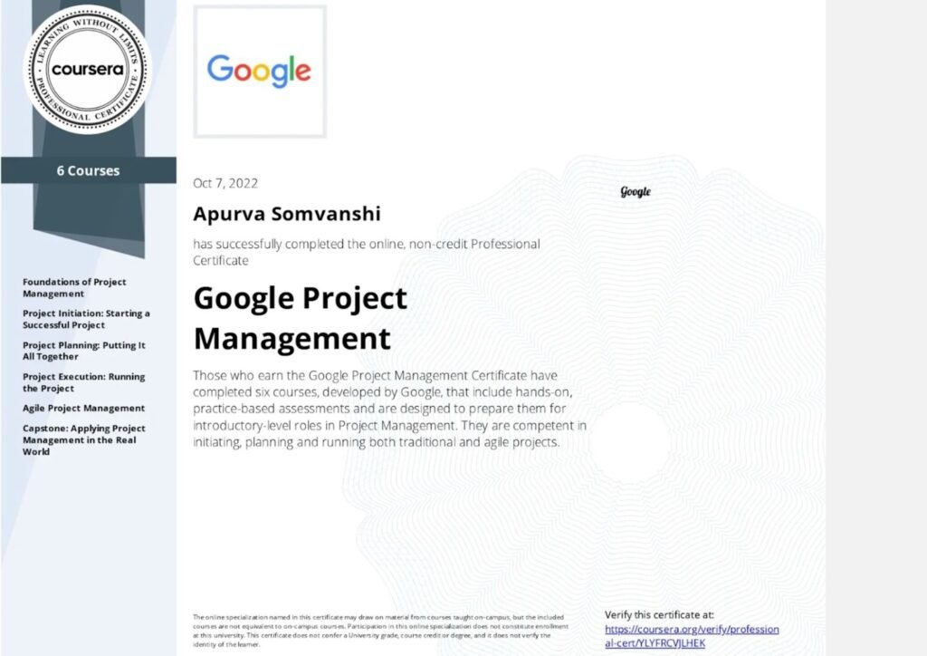 Certificate: Google Project Management Professional Certificate