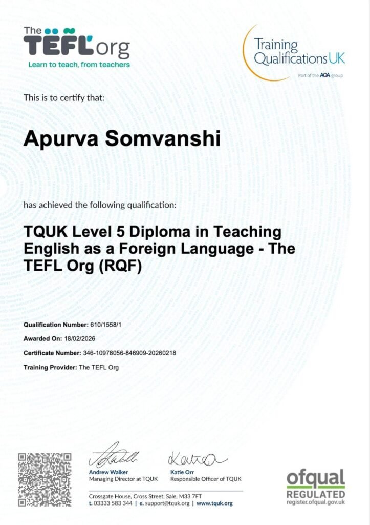 Certificate: TQUK Level 5 Diploma in Teaching English as a Foreign Language (RQF)