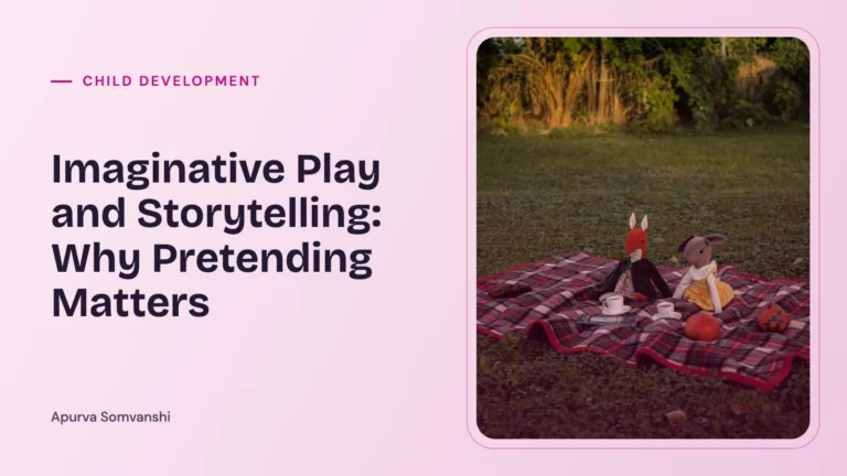 Imaginative Play and Storytelling: Why Pretending Matters — Two soft toy animals sit on a plaid picnic blanket in the grass.