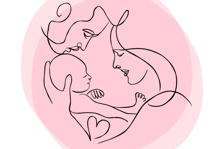 Line drawing of a parent holding a child